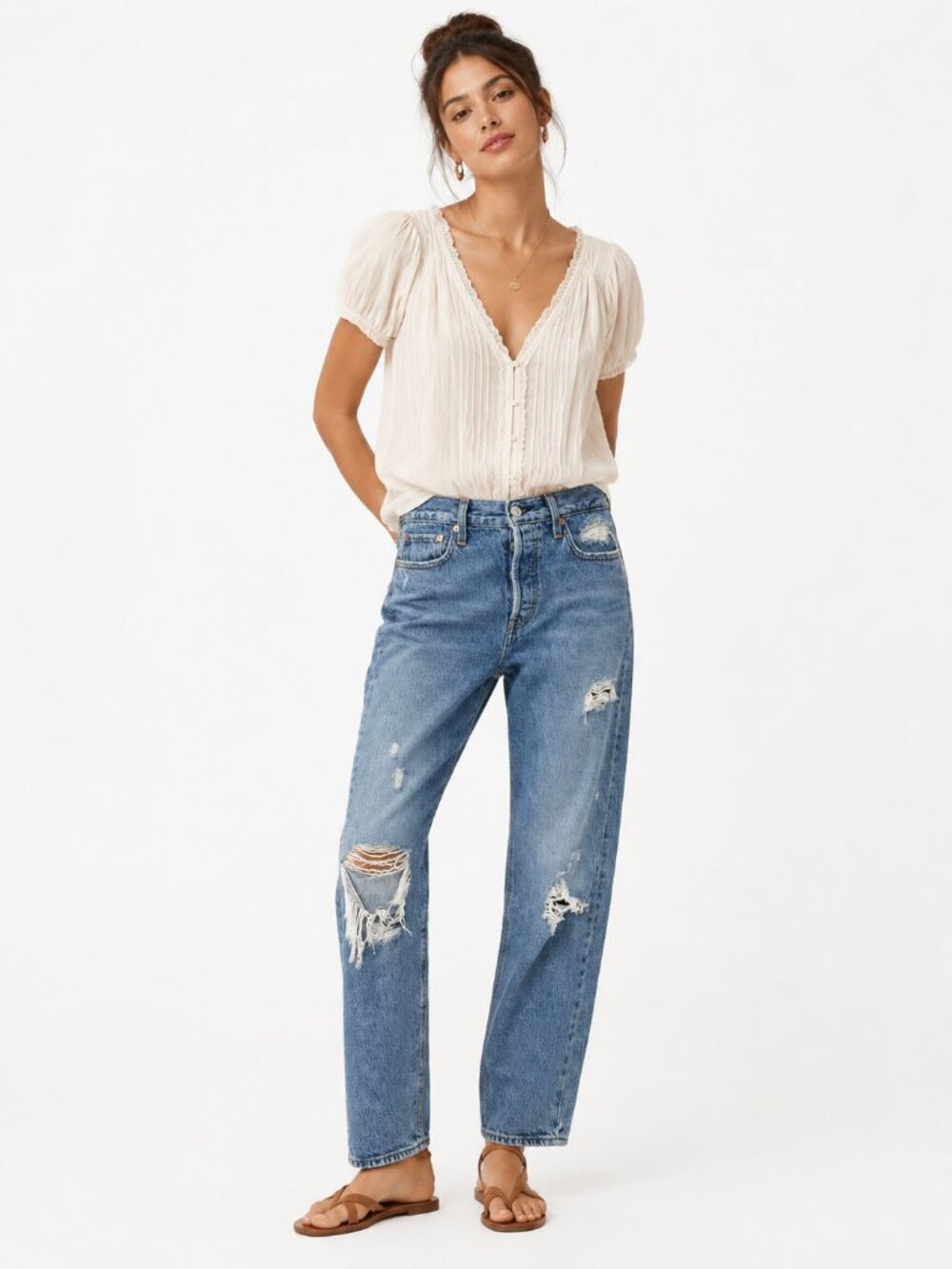 Levi's Wedgie Fit Jeans Size 29 Distressed Ripped High Rise Button Fly Denim